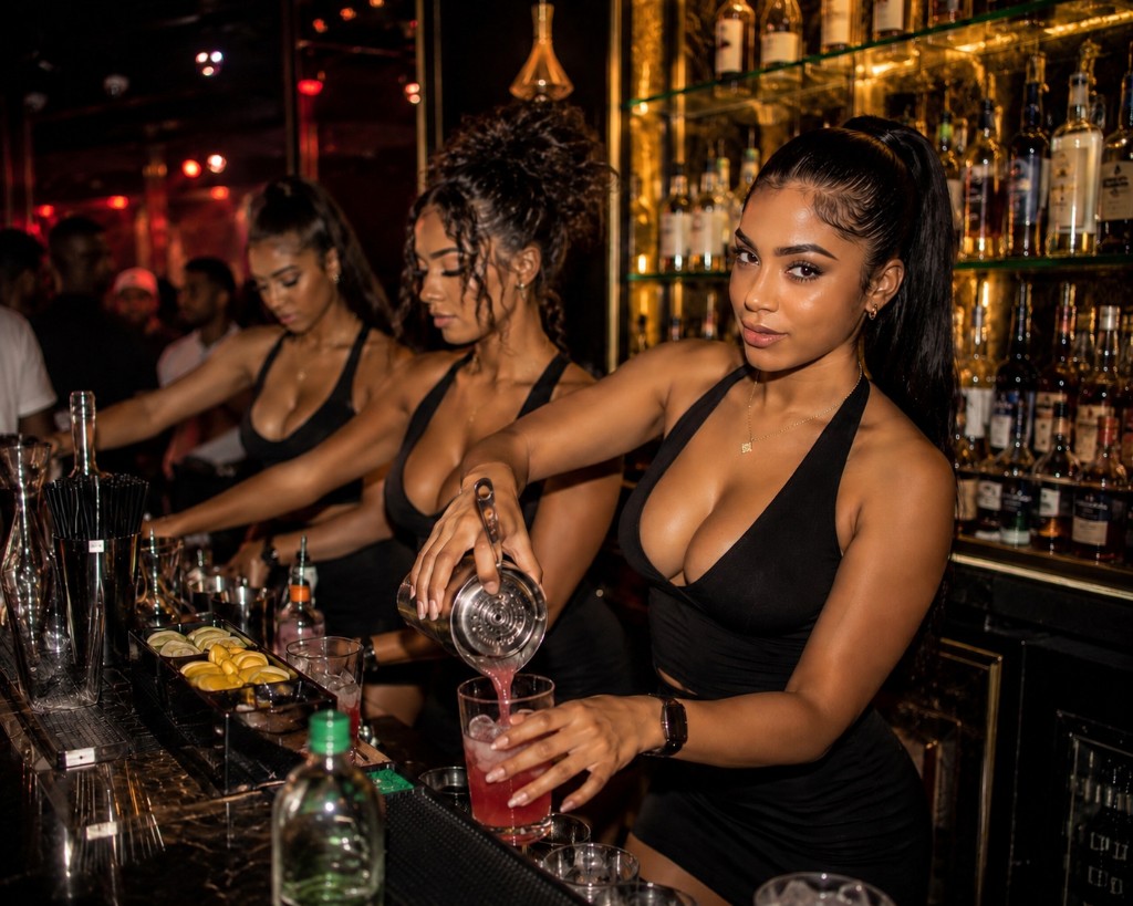 Bartenders pouring cocktails at Mystic Caribbean bar