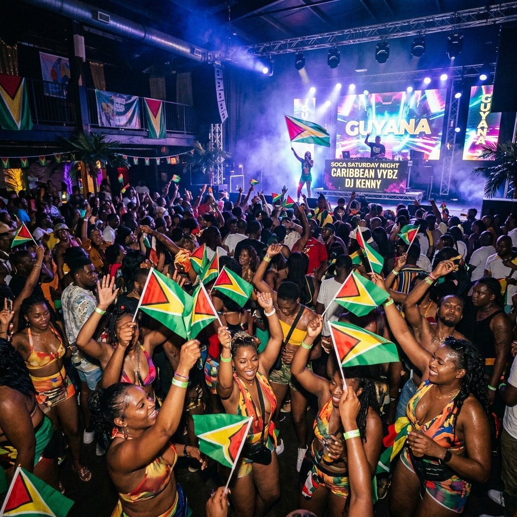 Soca Saturday crowd waving Trinidad flags at Mystic Caribbean